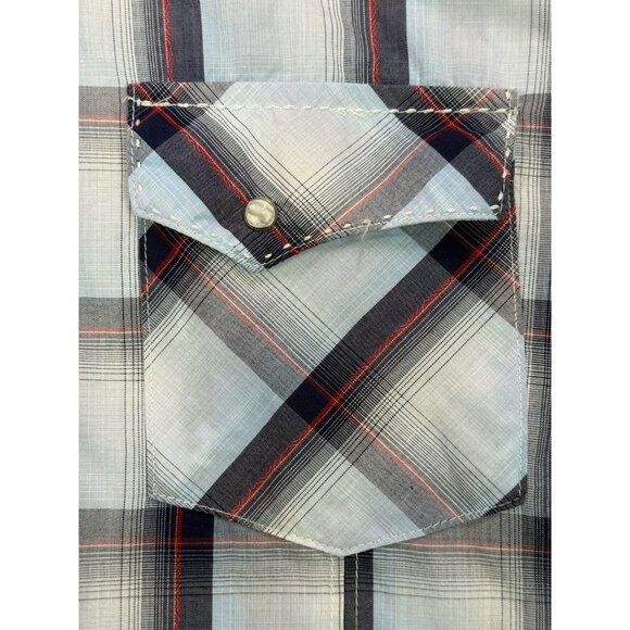 Wrangler Plaid Pearl Snap Long Sleeve Western Shirt Blue Red Gray Stitched Sz XL - Picture 3 of 10